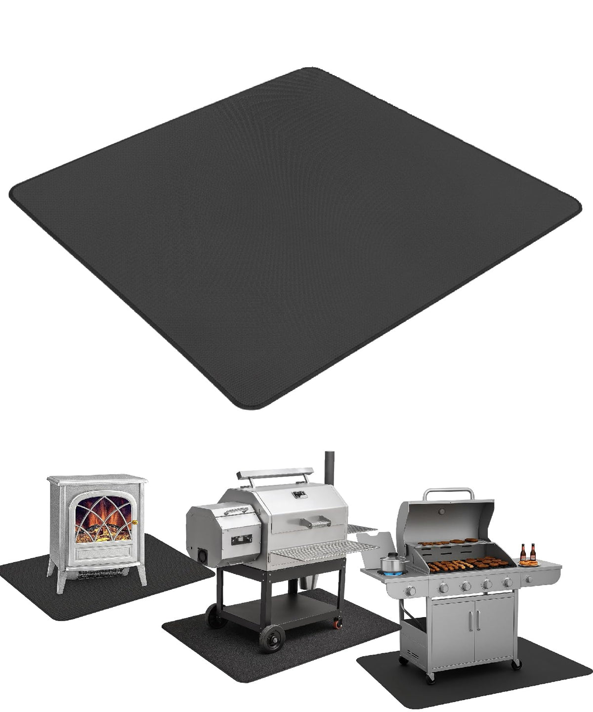 UNCO under grill mat on a wooden deck protecting from grease splatters