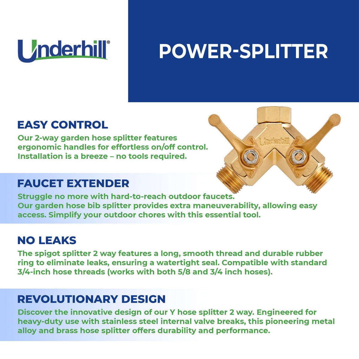 Underhill splitter with ergonomic handles enables easy on/off control.