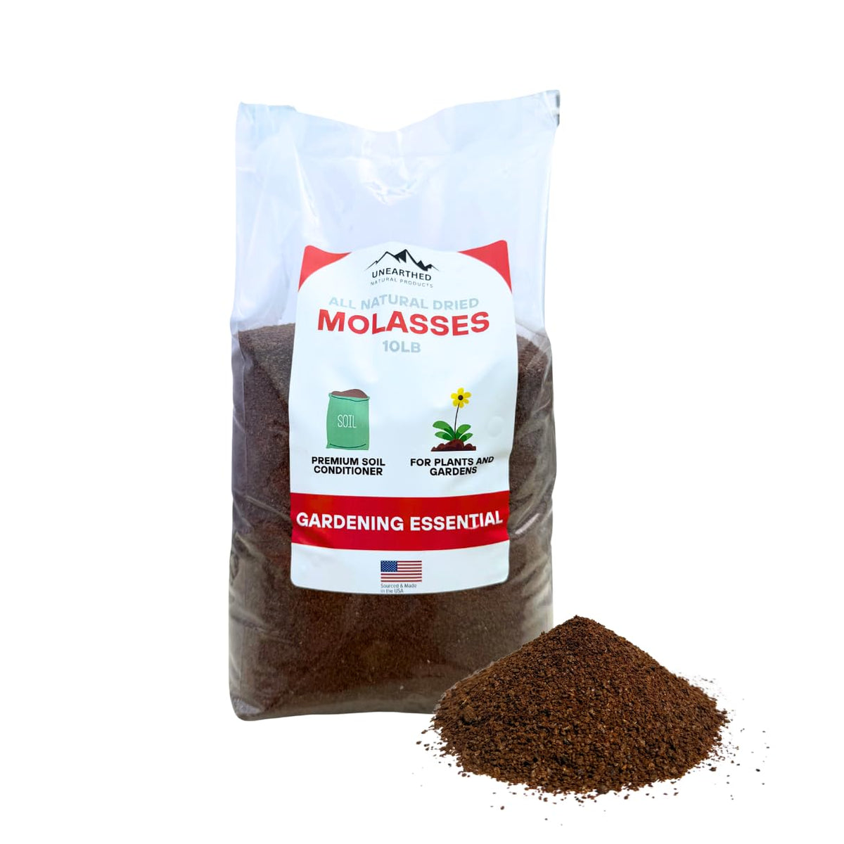 Unearthed Dried Molasses package view in a sturdy 10 lb bag for livestock energy.