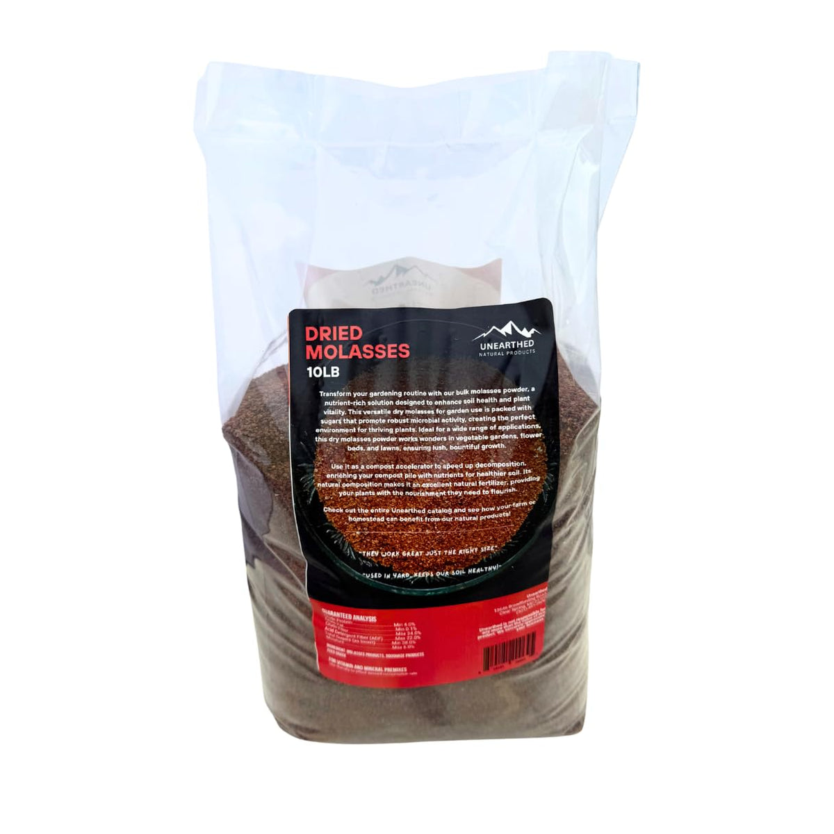 Pouring Unearthed Dried Molasses into feed scoop for palatable rations and quick energy.