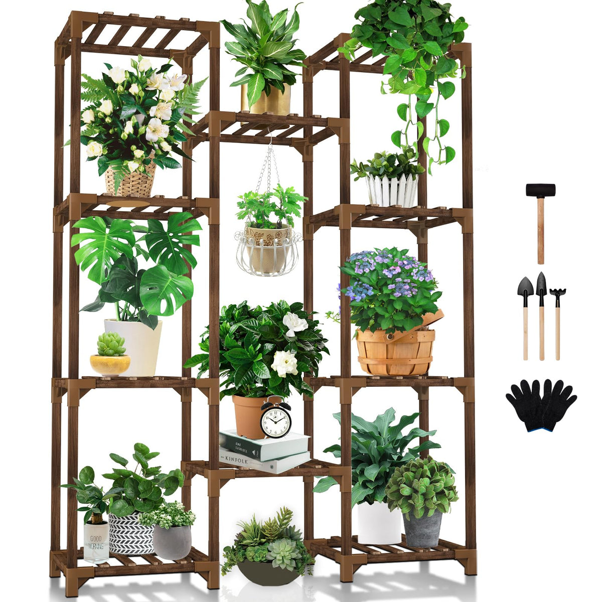 Uneedem plant stand 10-tier shelf showing space-saving design for 11 pots