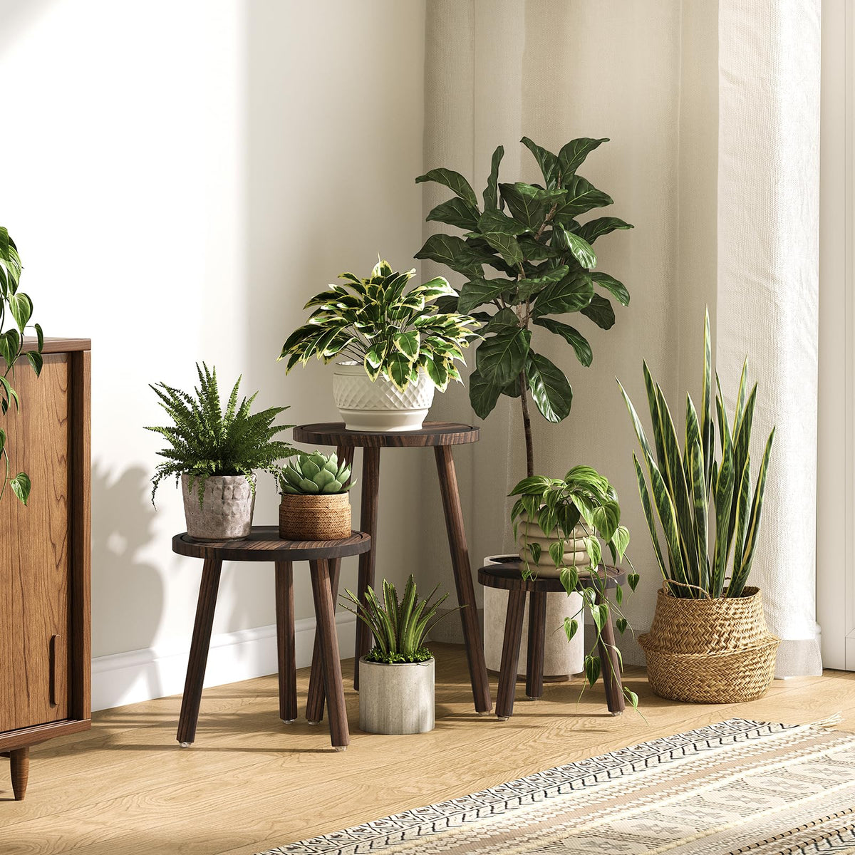 Uneedem plant stand indoor for 11-inch pots, stable wood frame