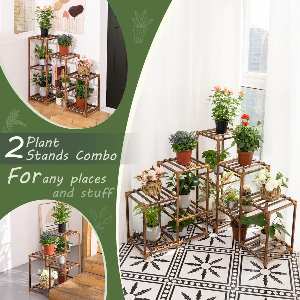 Uneedem sturdy solid wood plant stand, holds heavy pots safely on bottom shelves.