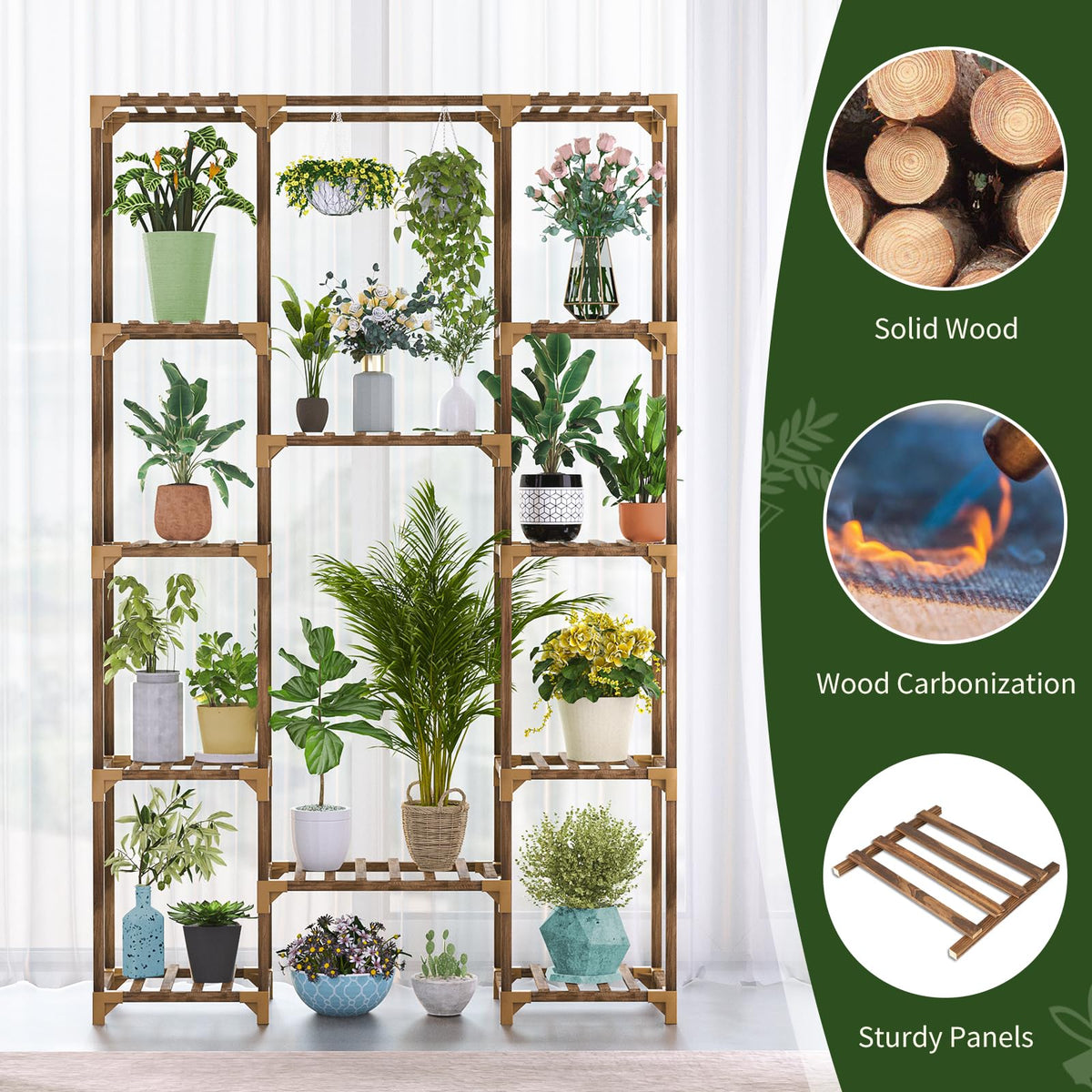Uneedem tall plant stand placed indoors and outdoors for versatile use.