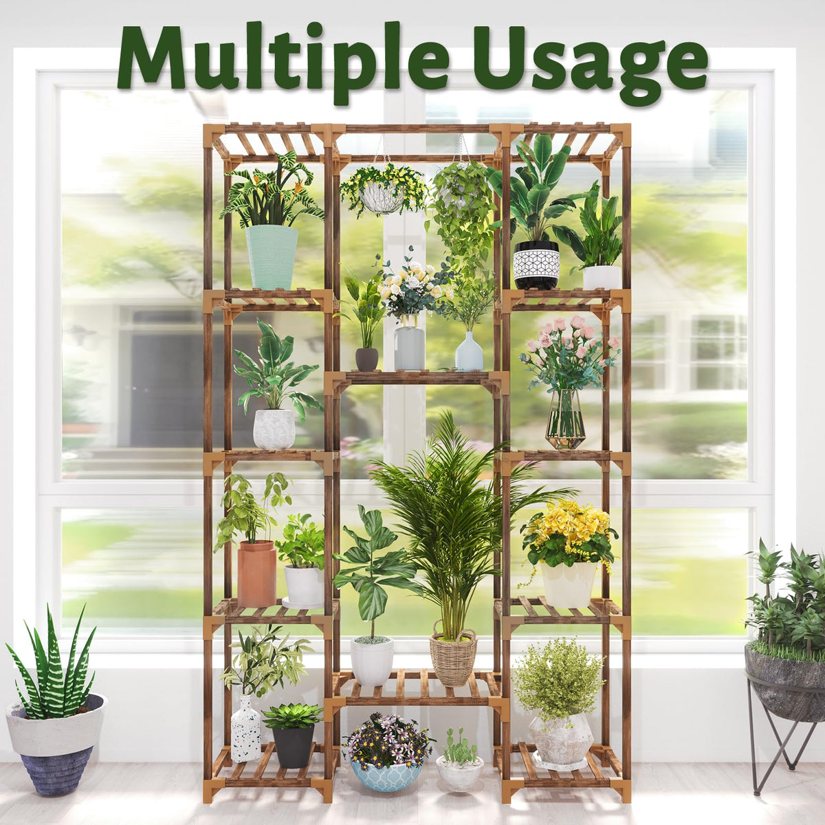 Uneedem tall plant stand middle level accommodates hanging and tall plants.