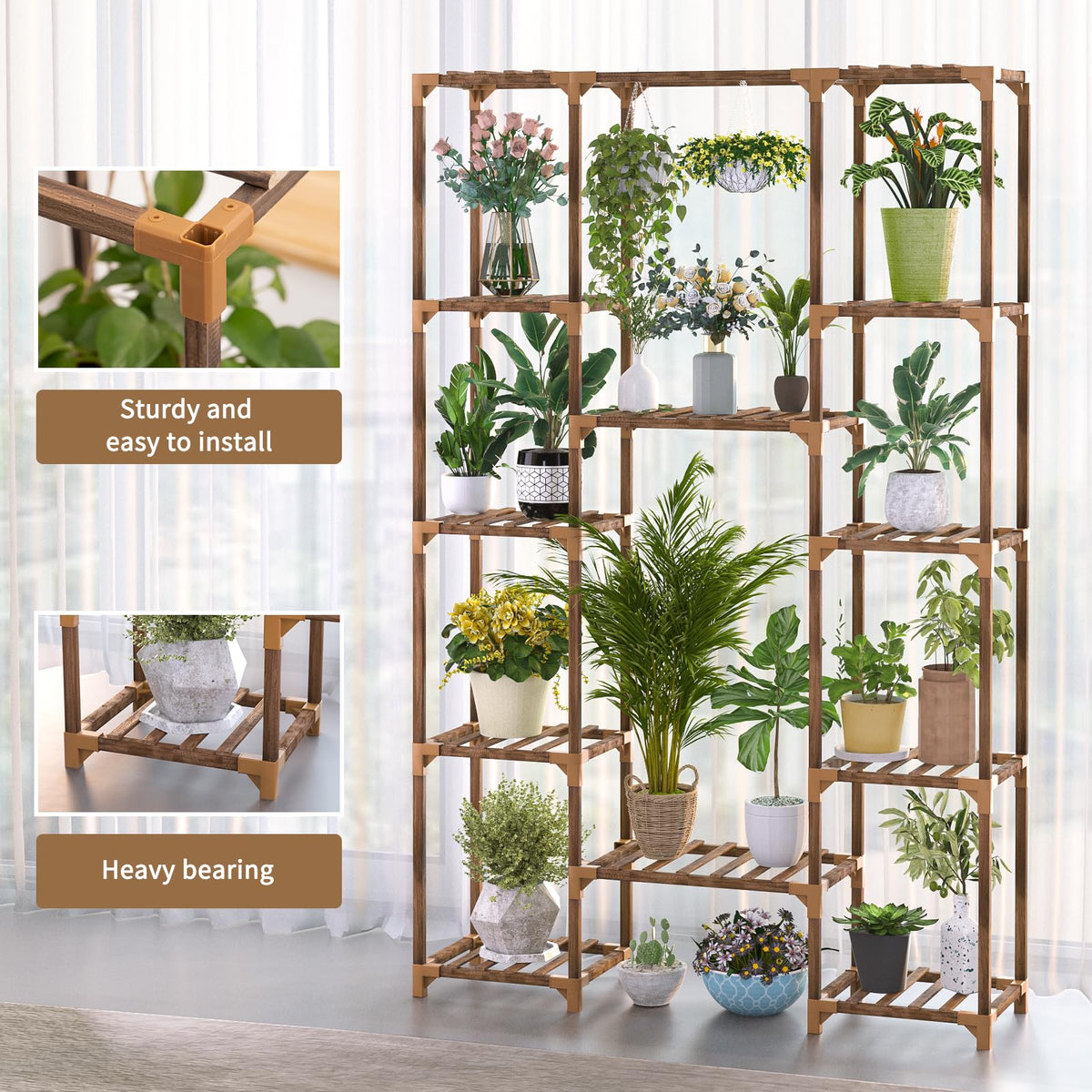 Uneedem tall plant stand shows solid wood grain finish for natural decor.