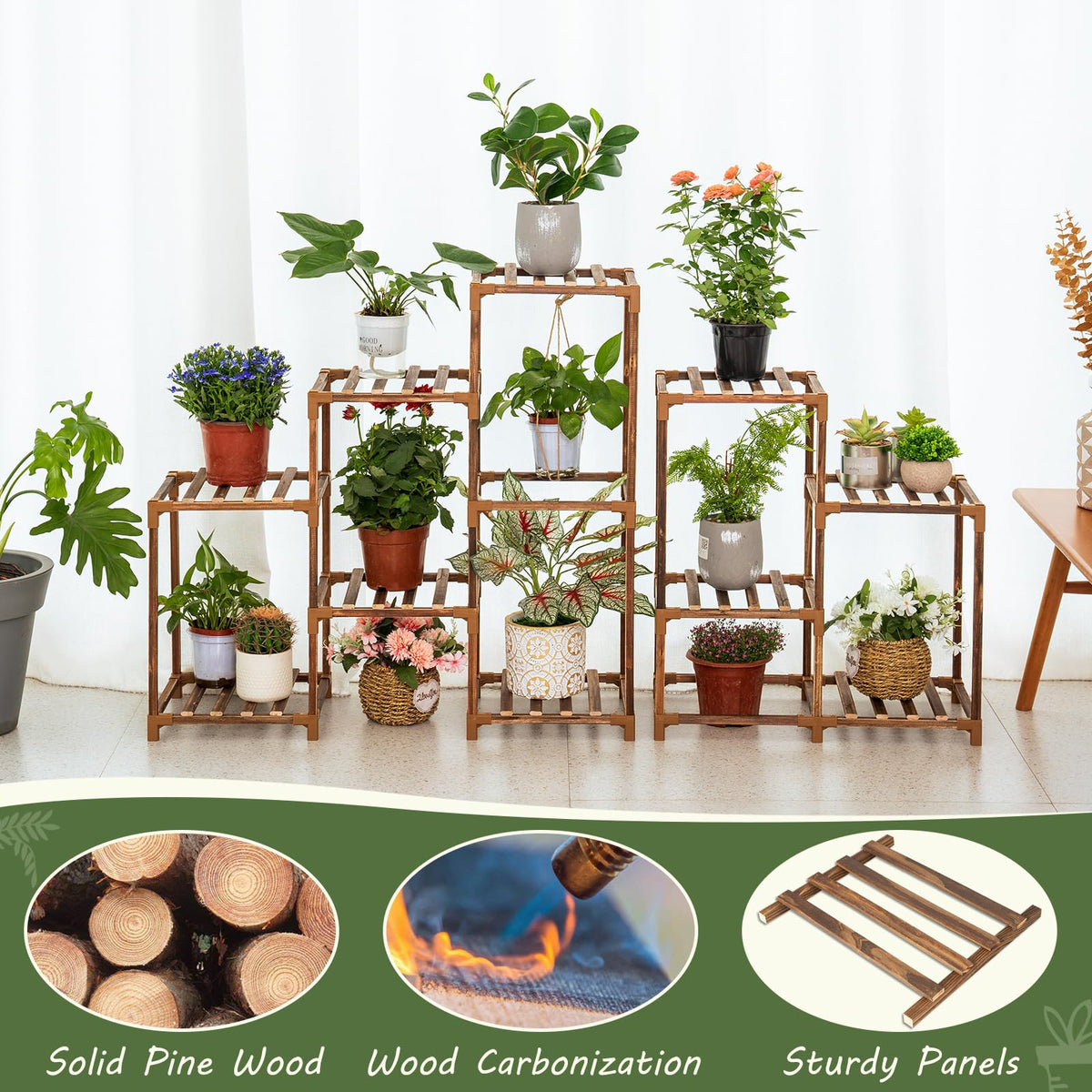 Uneedem wood plant shelf rack, indoor-outdoor versatility for adding flora anywhere.