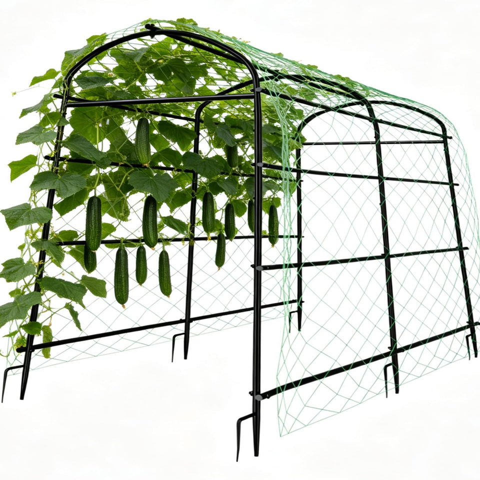 Unho 87-inch metal garden trellis arch setup supports climbing plants