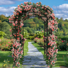 Unho durable garden arch visible in a lush yard