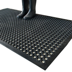 Uniboho outdoor rubber floor mat with hex drainage holes for slip resistance.