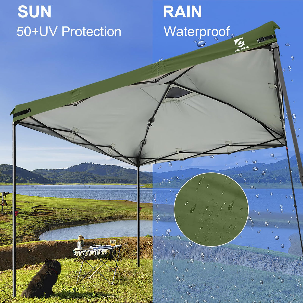 UNICAMPER heavy-duty fabric resists sun and weather