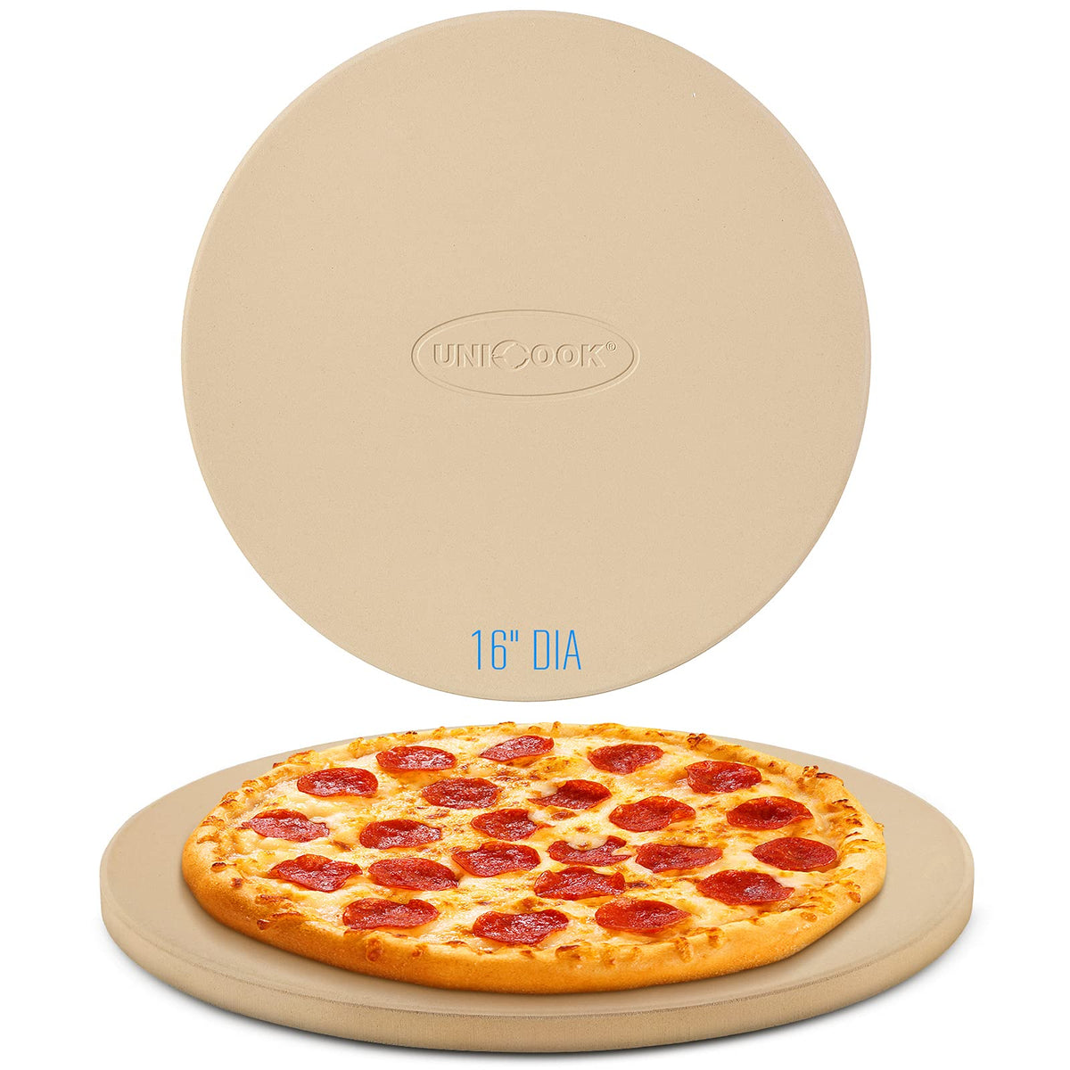 Unicook 16-inch round pizza stone for oven use delivering crisp crusts.