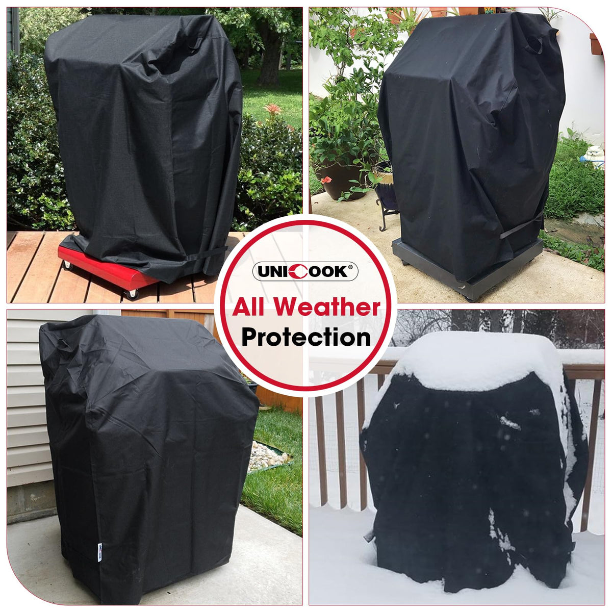 Unicook grill cover in use on a patio protecting a grill