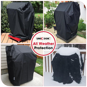 Unicook grill cover in use on a patio protecting a grill