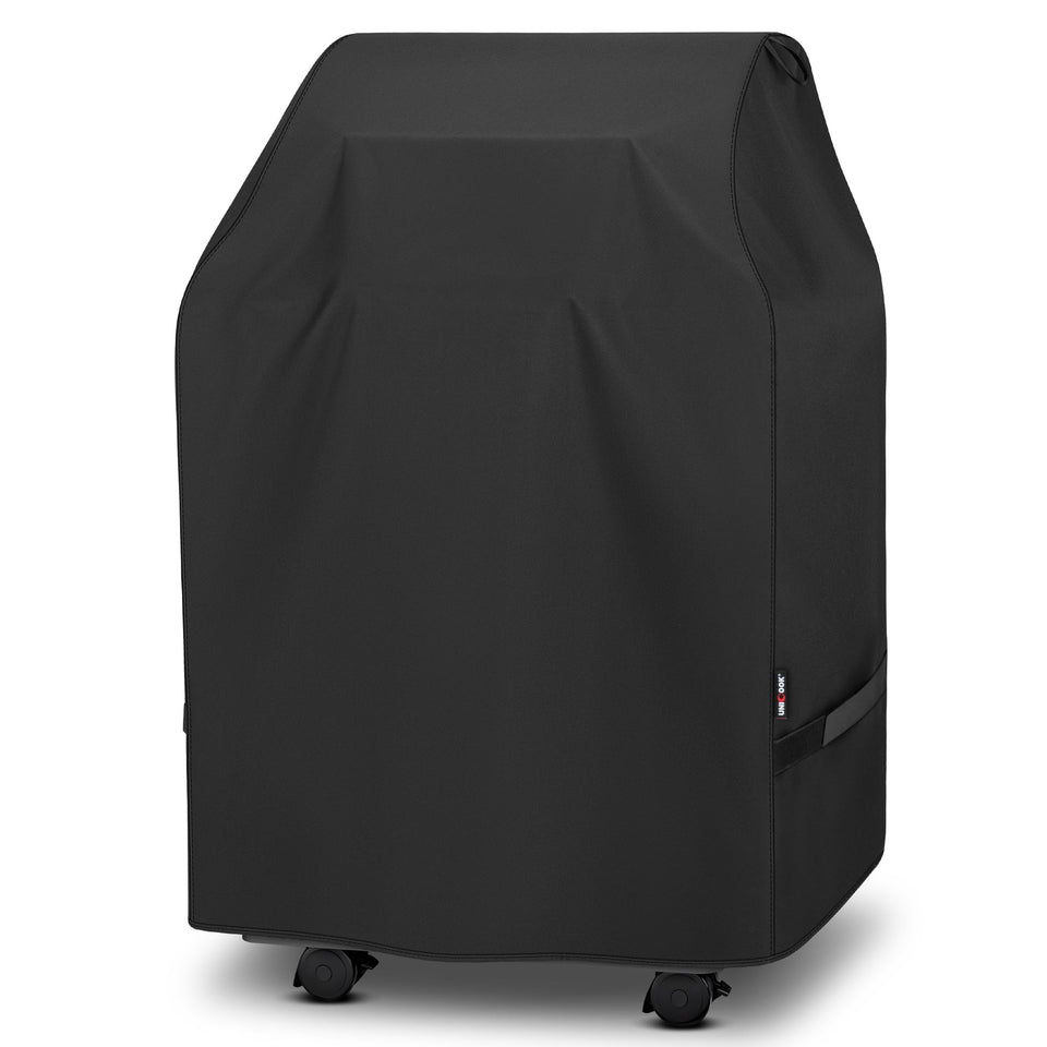 Unicook 32-inch 2-burner grill cover, front view, protects from weather and debris