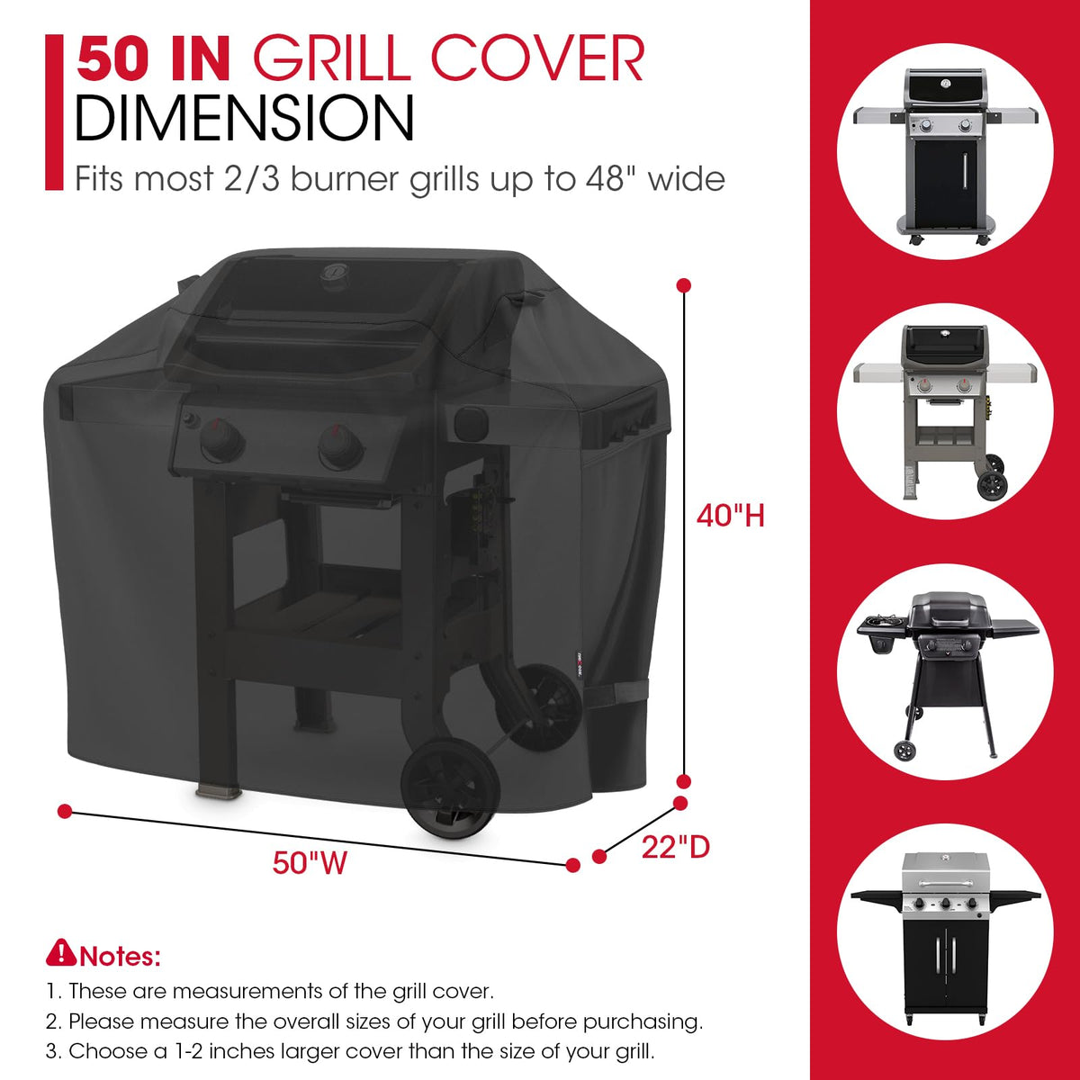 Unicook 50-inch grill cover side vent detail shows moisture escape feature.