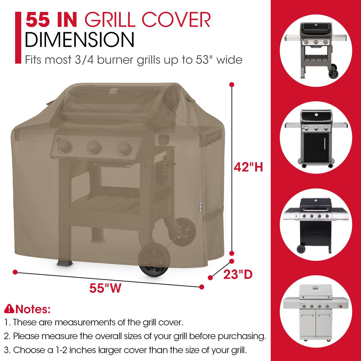Unicook 55 Inch Grill Cover side view showing snug fit