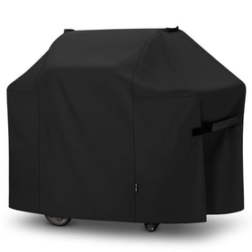 Unicook 58-inch grill cover on Weber Genesis II protecting from rain and sun