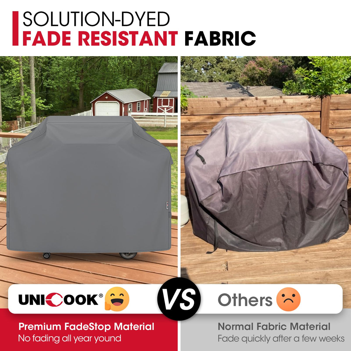 Unicook 60-inch grill cover back view with wind straps for secure fit