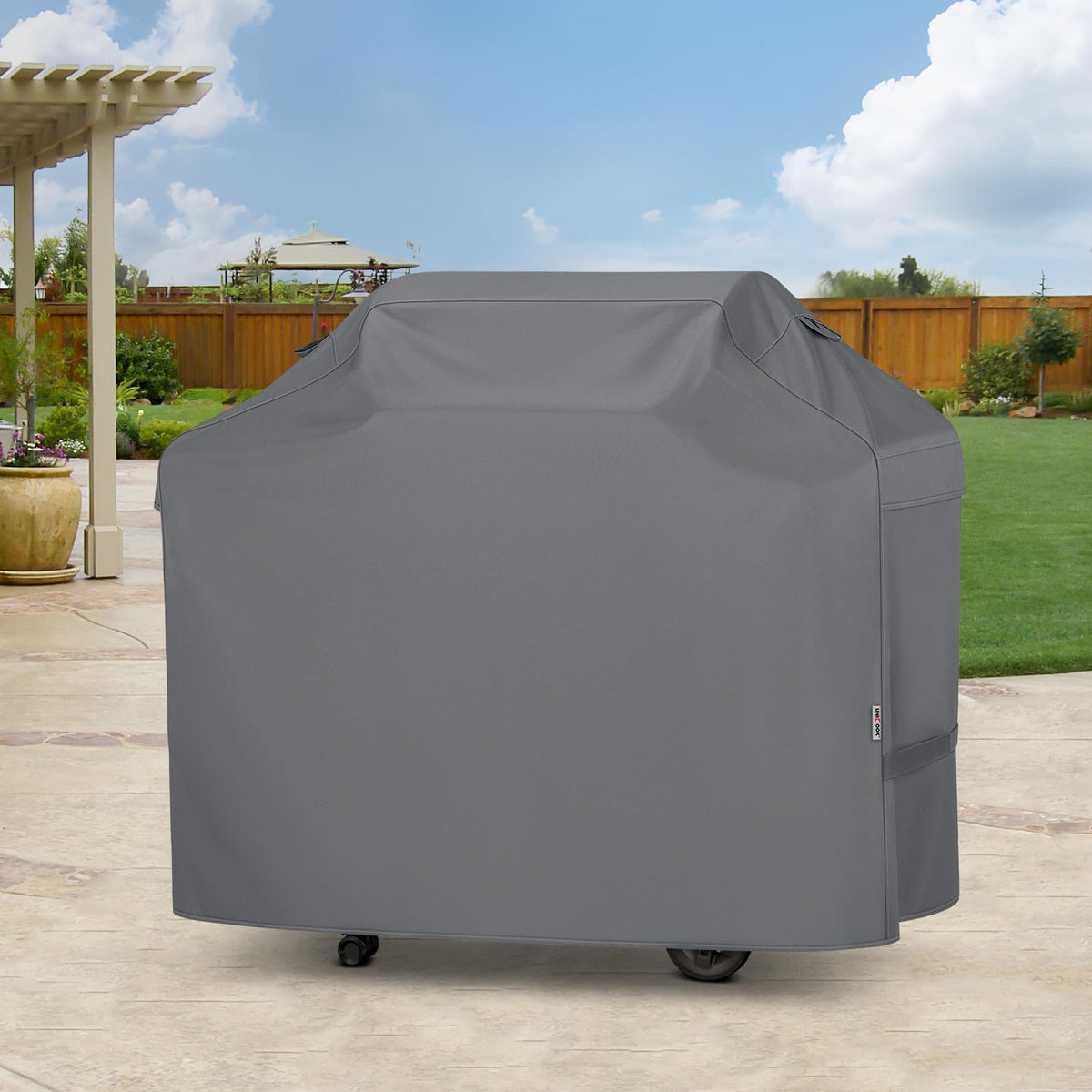 Unicook 60-inch grill cover packaged image shows easy storage