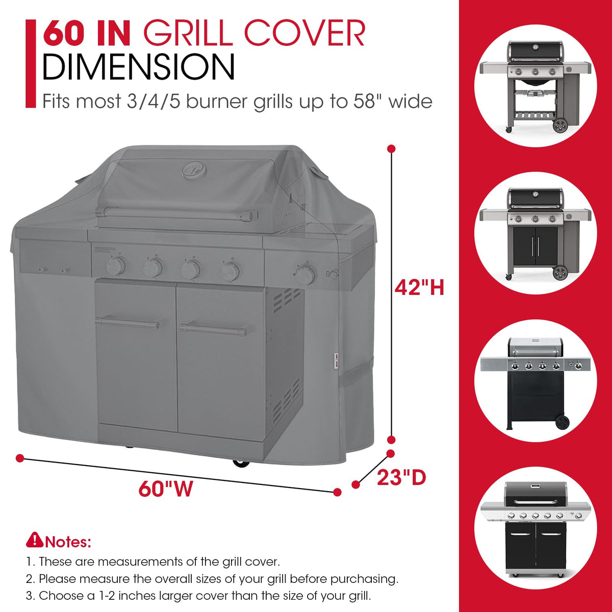Unicook 60-inch grill cover side view shows sturdy fabric and full coverage