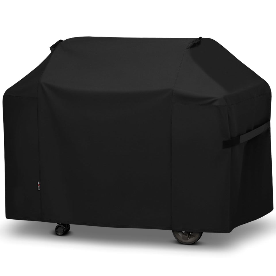 Unicook 65-inch grill cover on Weber Genesis II 400 Series protects from rain and sun.