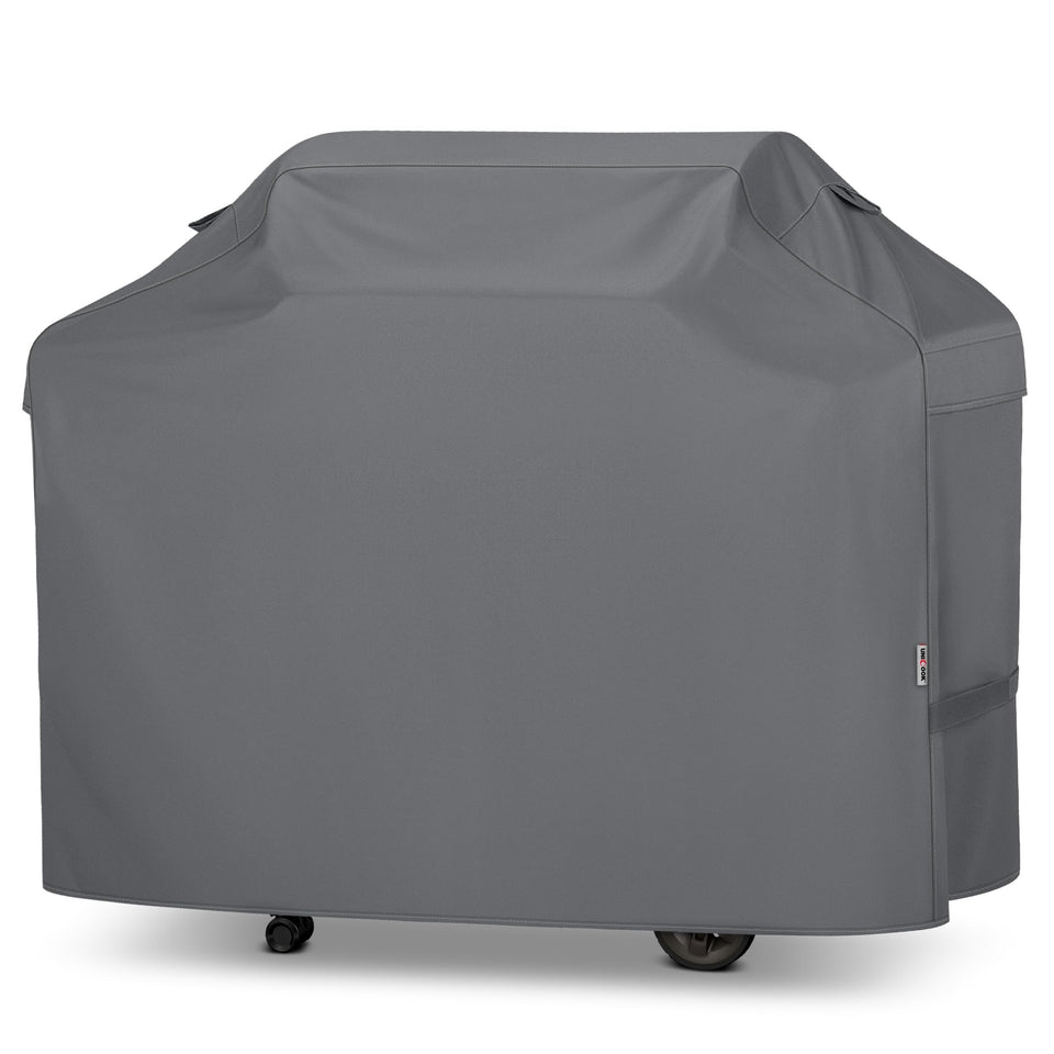 Unicook 65-inch grill cover on a gray grill protects against sun and rain.