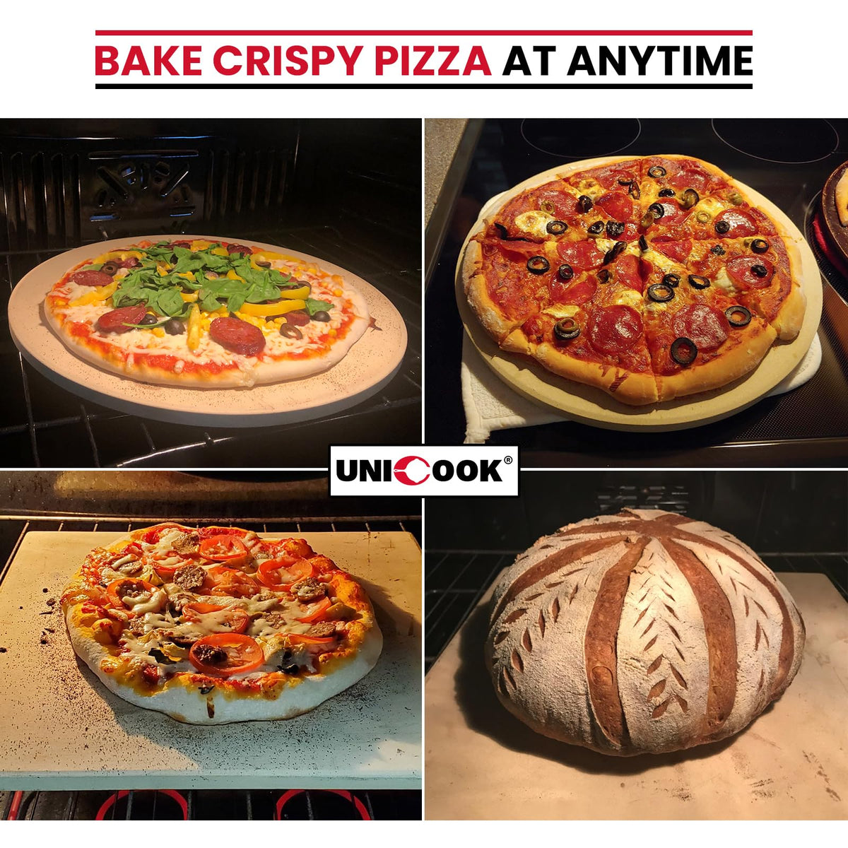 Unicook 7.4 lb pizza stone ideal for grill or oven baking.