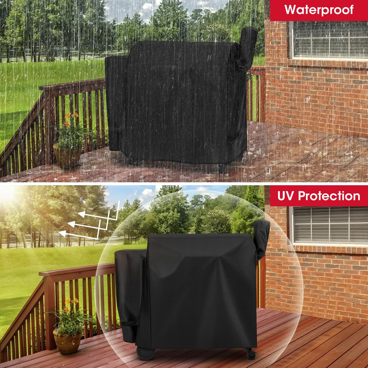 Full-length Unicook pellet grill cover shown with dimensions 53 W x 22 D x 40 H