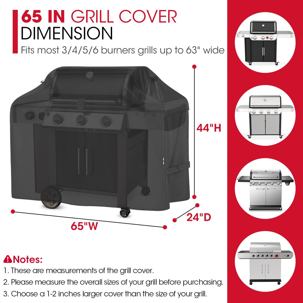 Unicook 65-inch grill cover side view shows secure, wind-ready fit