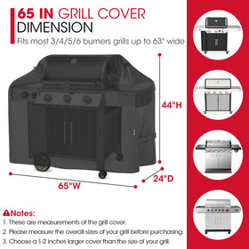 Unicook 65-inch grill cover side view shows secure, wind-ready fit