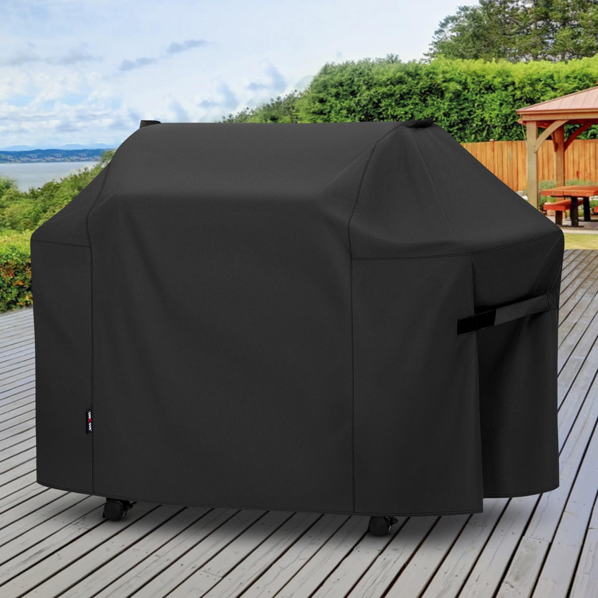 Unicook all-weather grill cover designed for year-round backyard use.
