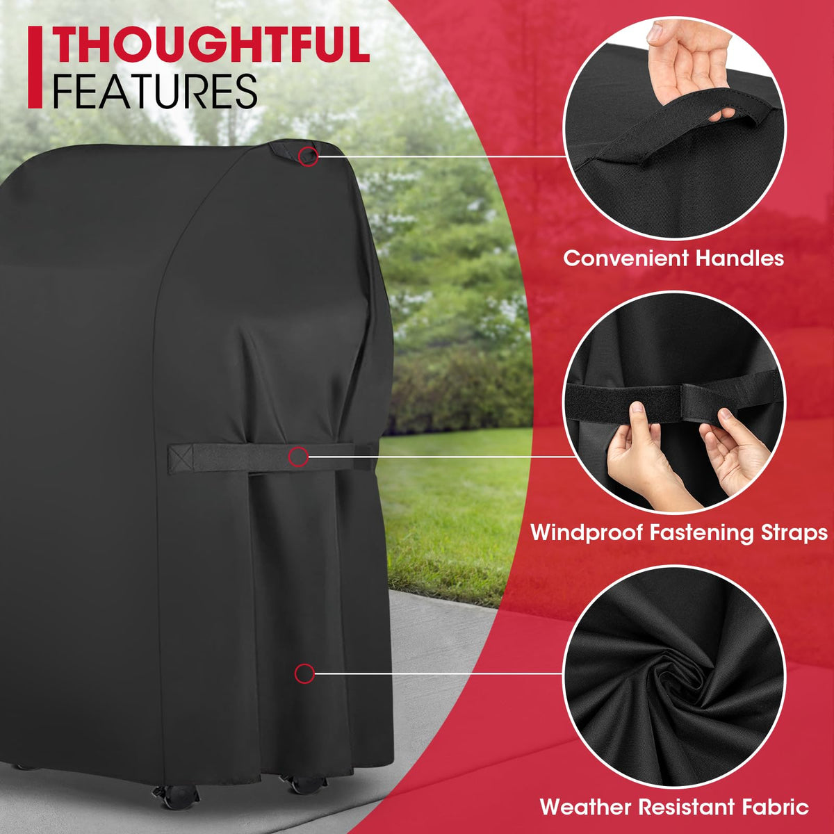 Top handles allow easy fitting and removal on the Unicook grill cover
