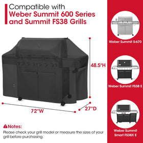 Unicook grill cover shows waterproof finish protecting against rain and snow.