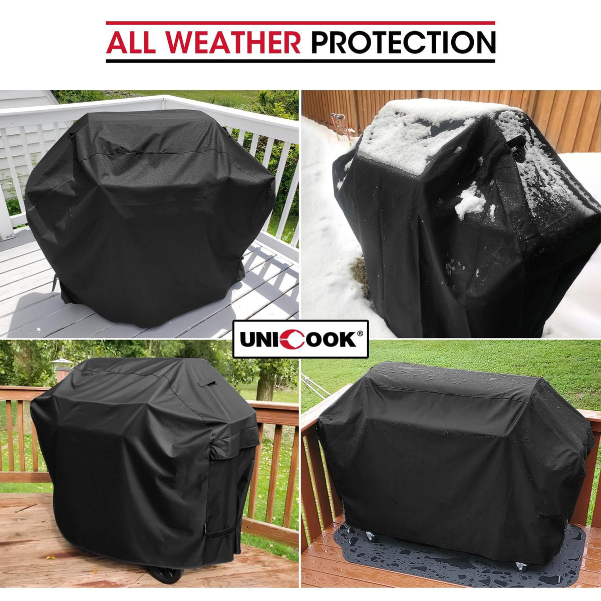 Unicook grill cover side view with handles and strap for easy fit