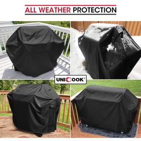 Unicook grill cover side view with handles and strap for easy fit