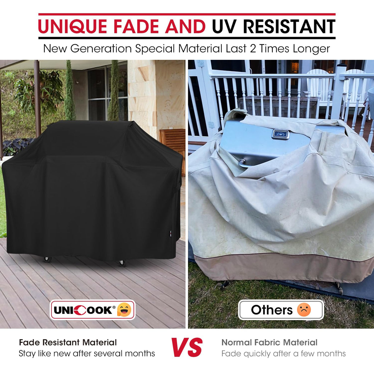 Unicook heavy-duty fade-resistant fabric shields grill from sun and weather.