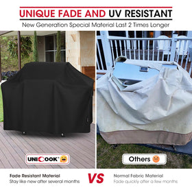 Unicook heavy-duty fade-resistant fabric shields grill from sun and weather.