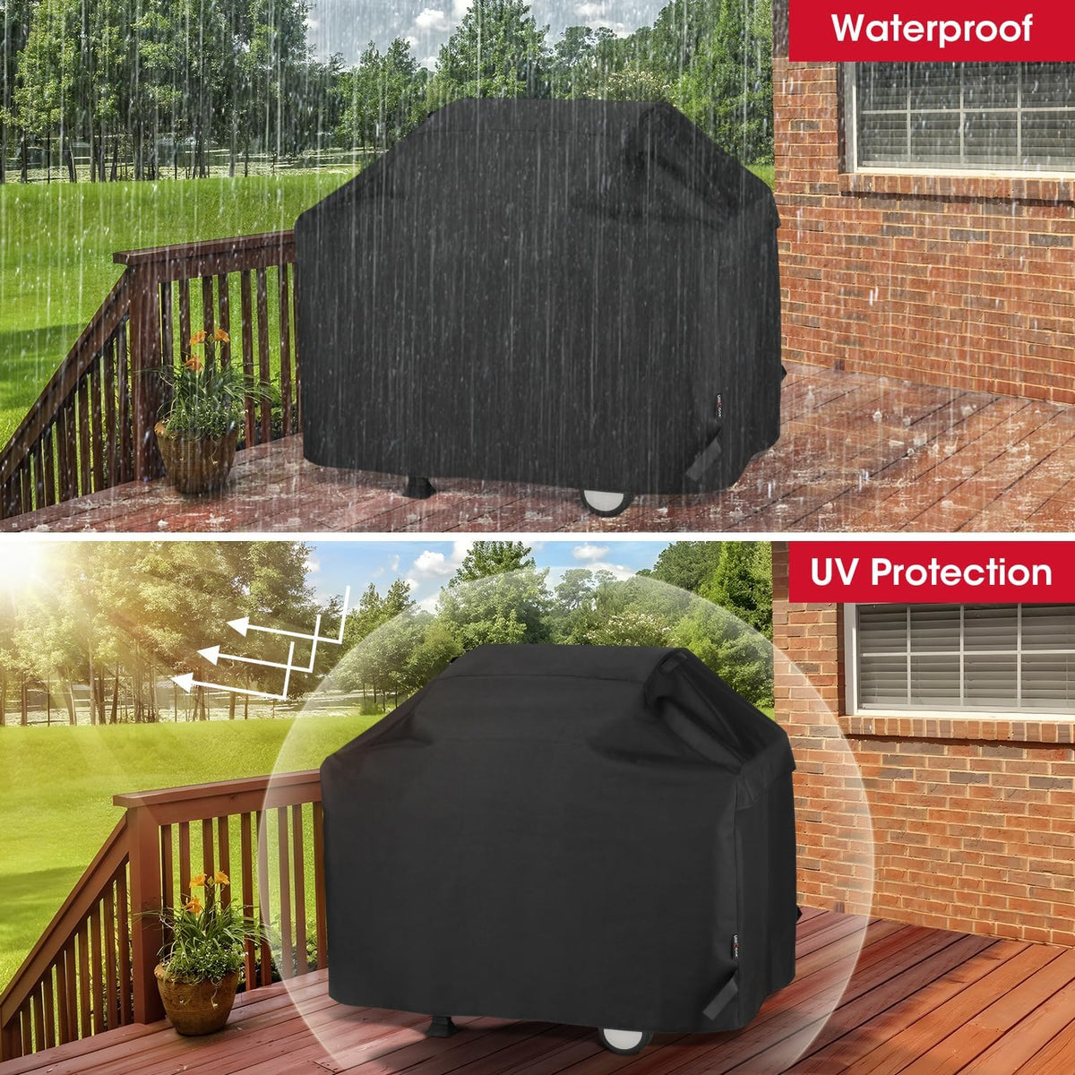 Unicook outdoor grill cover in a backyard setup protecting the grill