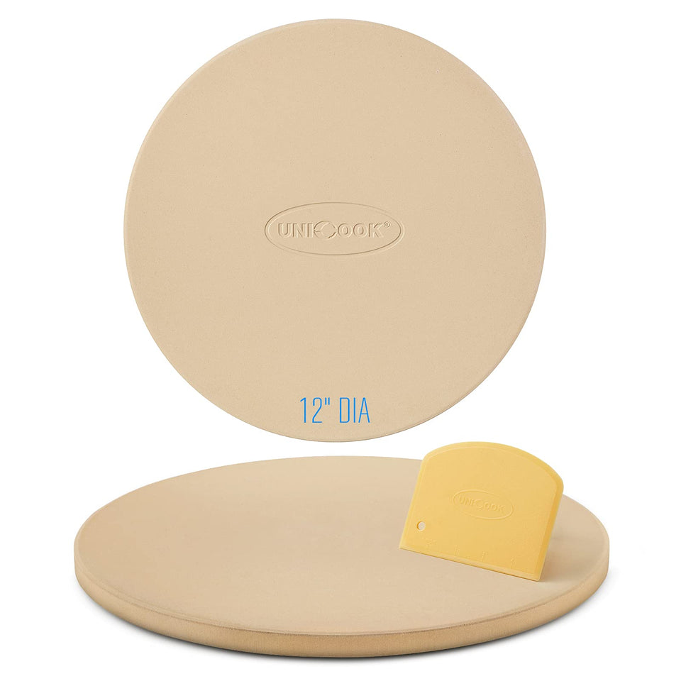 Unicook 12 Inch Round Pizza Stone highlighting a durable cordierite surface for crisp crust.