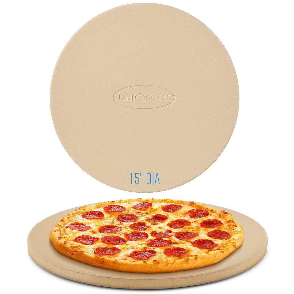 Unicook pizza stone on grill delivers crisp crust and even heat.