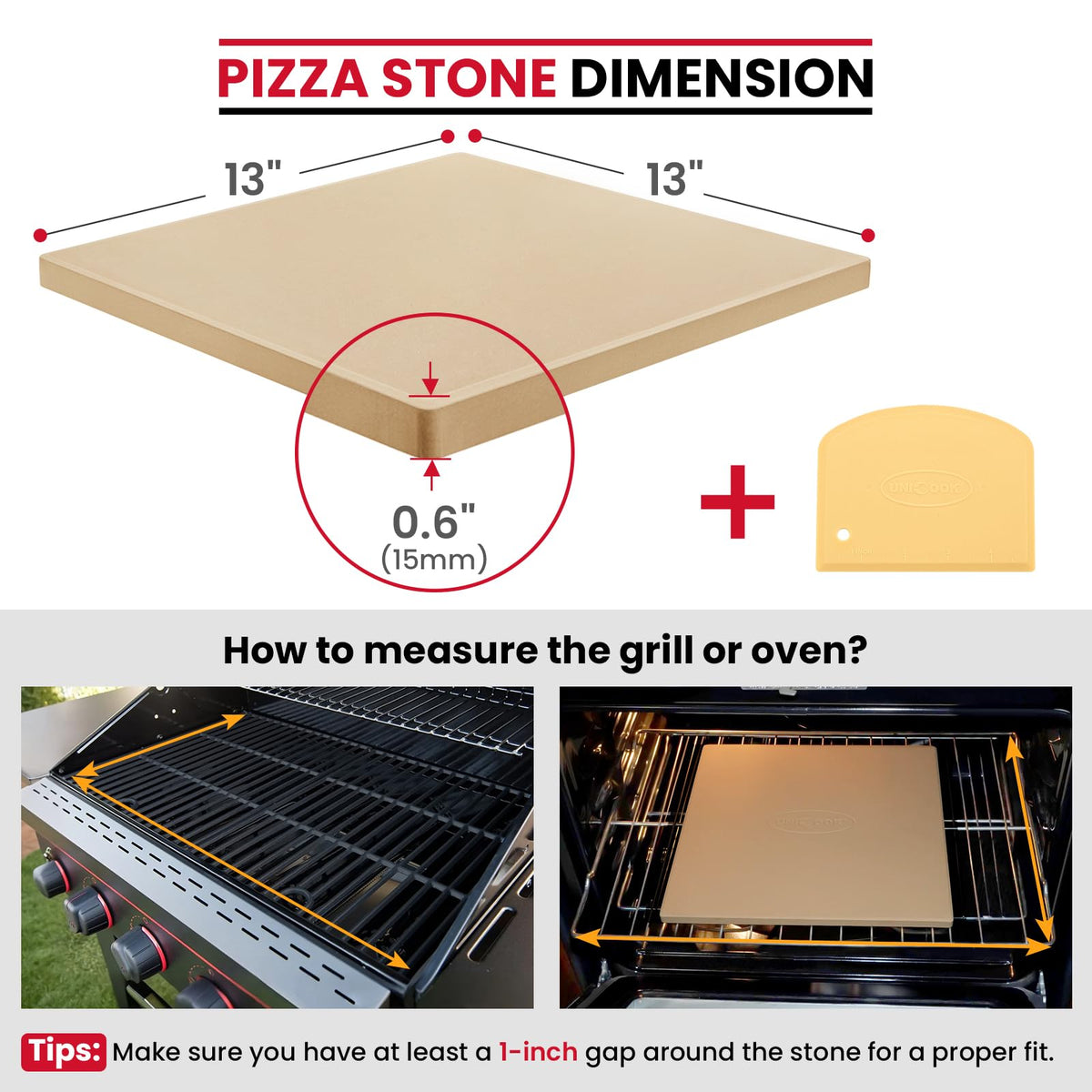 Unicook pizza stone 13x13 shown with Ooni 12 compatibility for even heating.
