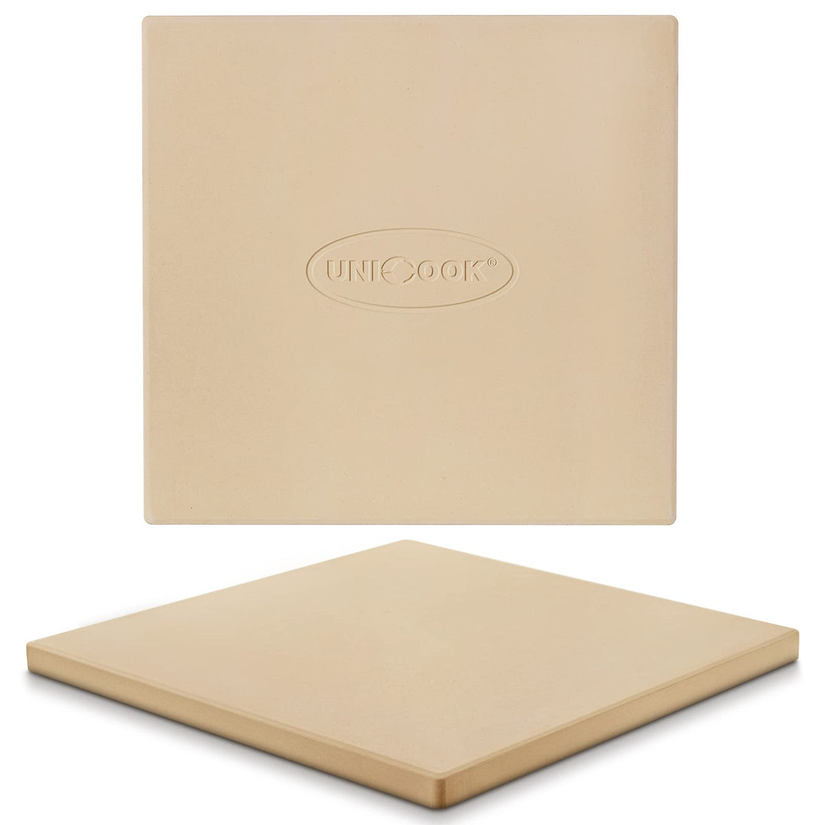 Unicook pizza stone in oven showing 12x12 size for even baking and crispy crust.