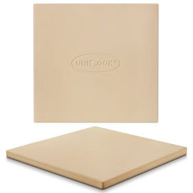 Unicook pizza stone in oven showing 12x12 size for even baking and crispy crust.