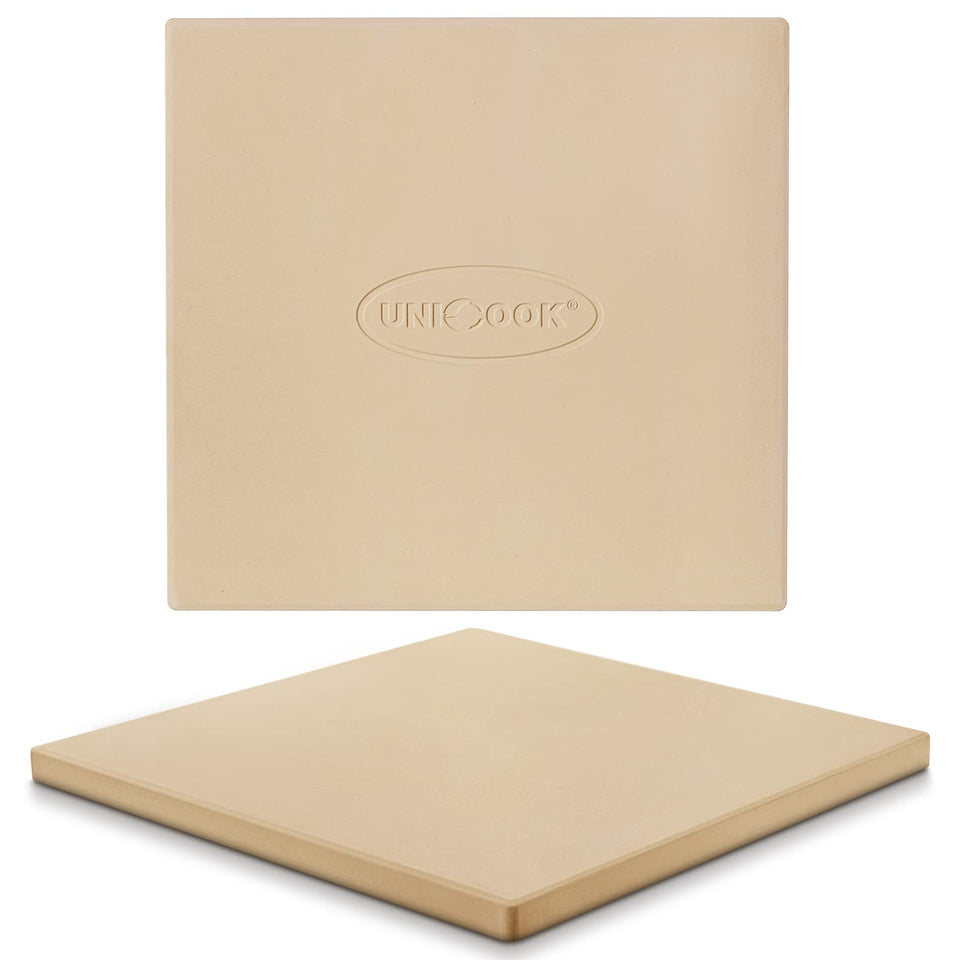 Unicook pizza stone in oven showing 12x12 size for even baking and crispy crust.