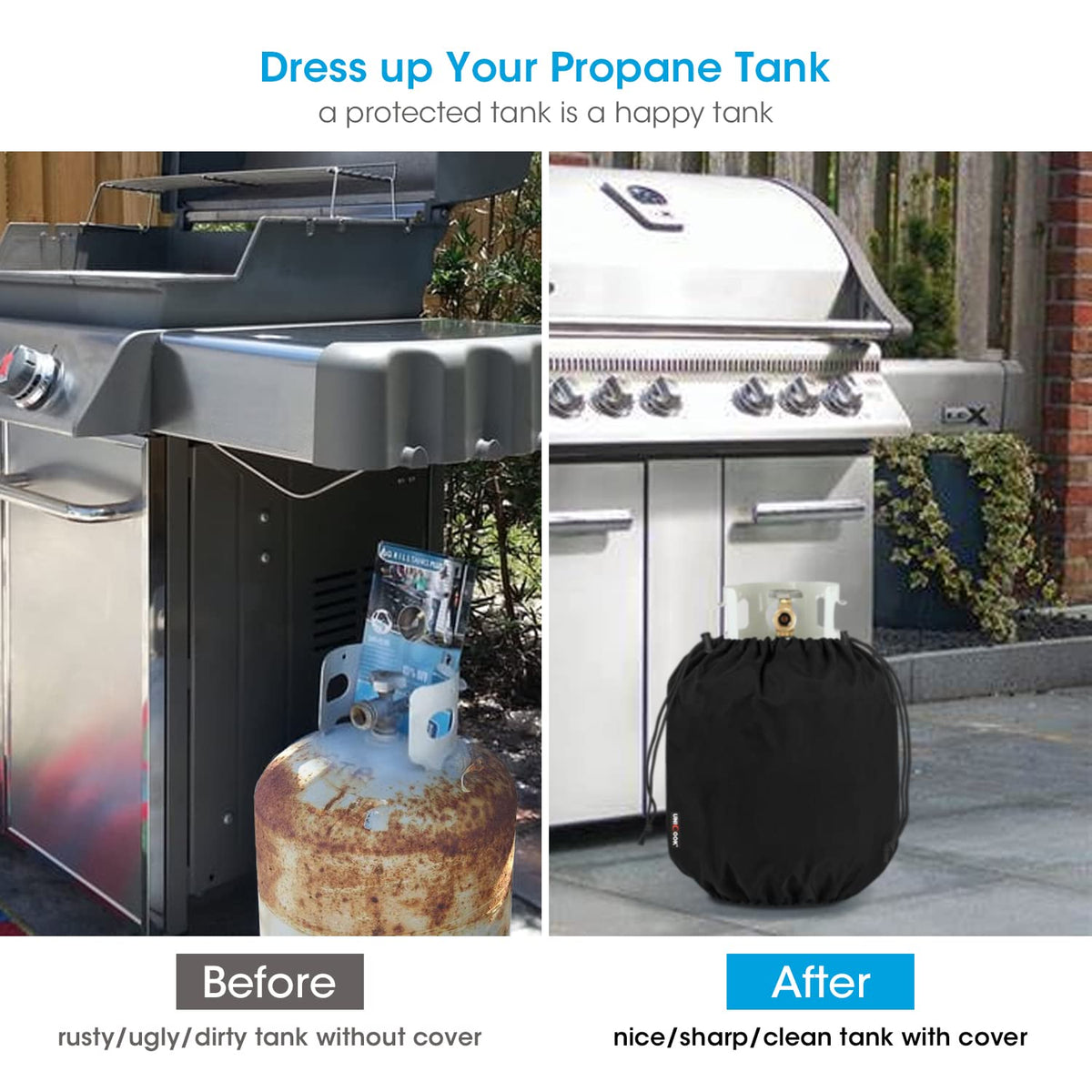 Weatherproof fabric shields the tank from rain and sun.