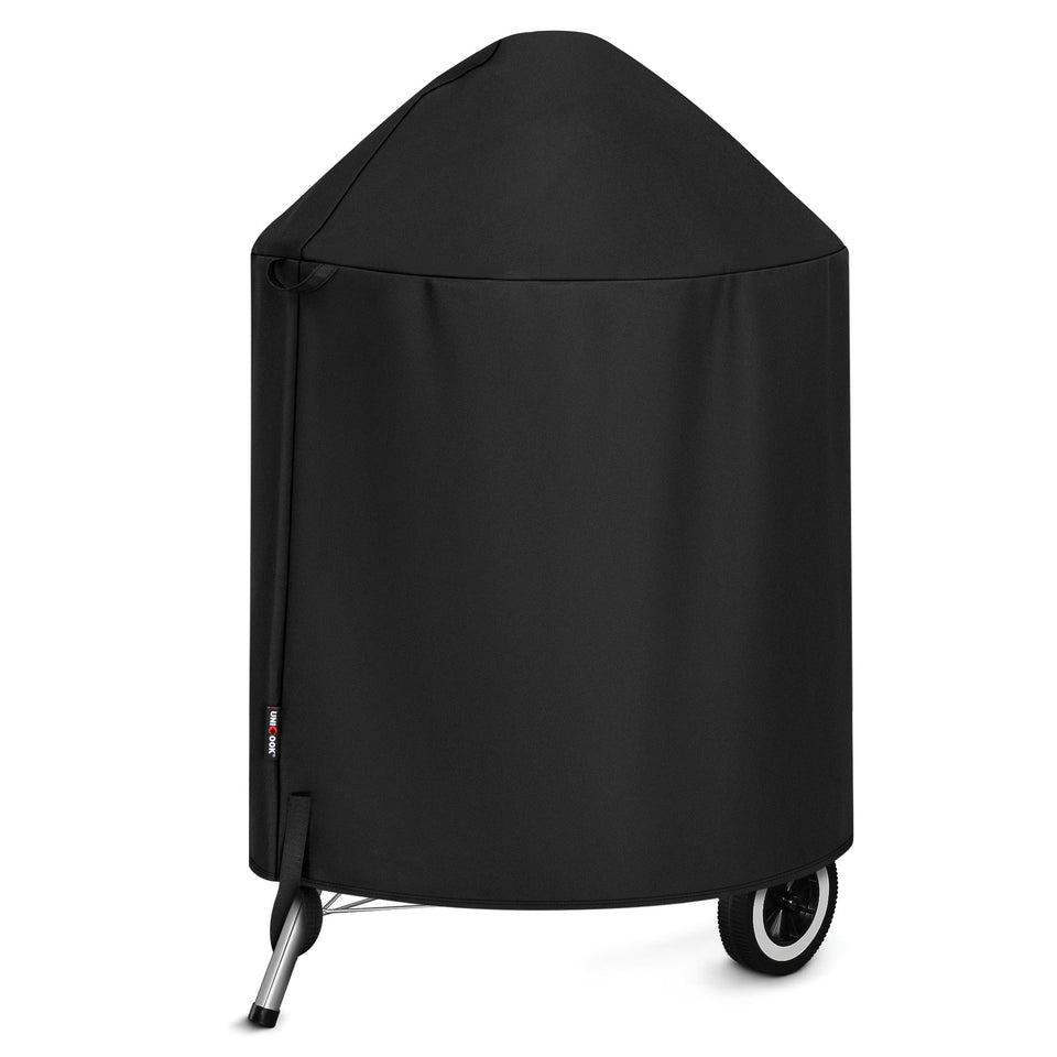Unicook round kettle cover on Weber 22-inch grill protects from rain and sun.