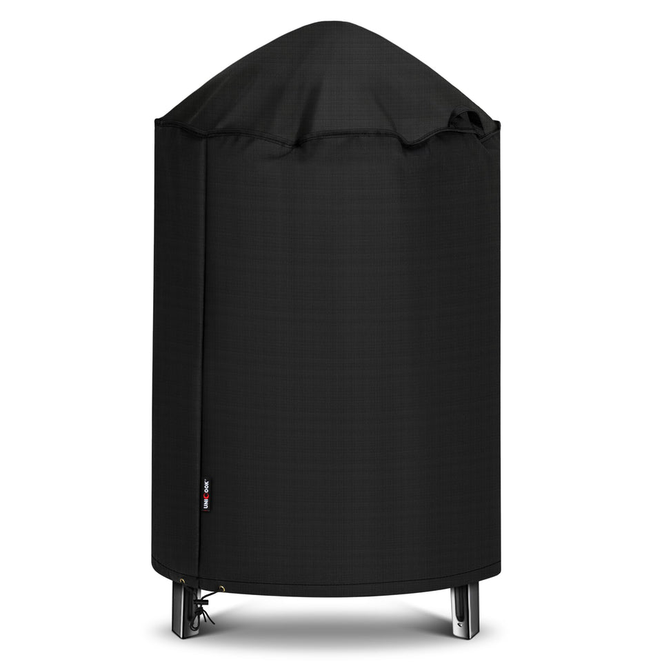 Unicook round smoker cover protects a 30-inch grill from sun and rain.