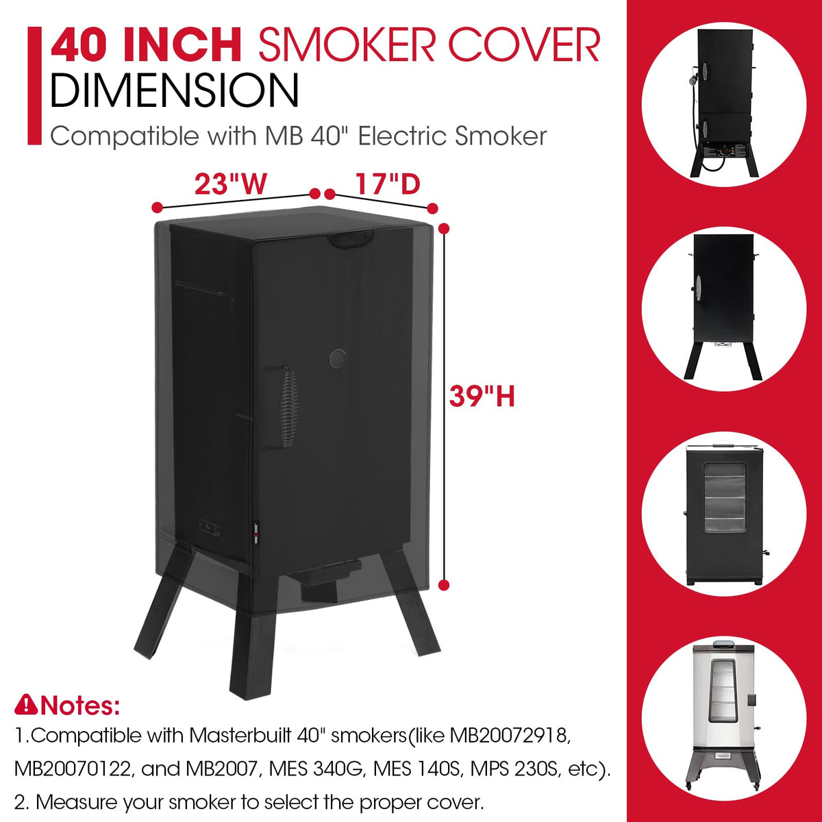 Unicook 40in smoker cover side view highlights secure straps and easy handling.