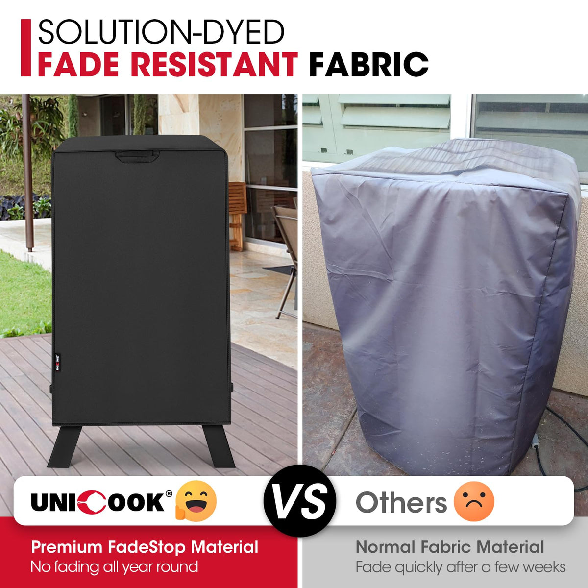Unicook 40in smoker cover demonstrates waterproof coating protecting against rain.